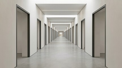 Obraz premium Symmetrical hallway with multiple dark door frames leading to a distant light, futuristic interior, architectural perspective, rhythm and order.