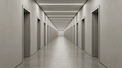 Fototapeta premium Symmetric view of a long empty minimalist concrete corridor with recessed ceiling lights, modern architecture, industrial design, perspective view.