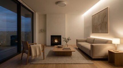 Fototapeta premium Cozy living room interior at dusk featuring a warm fireplace, beige sofa, and large windows with a city view, peaceful home life, evening relaxation.