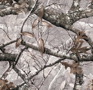 Realistic forest camouflage. Seamless pattern. Conifer tree, branches and leaves. Useable for hunting and military purposes.	