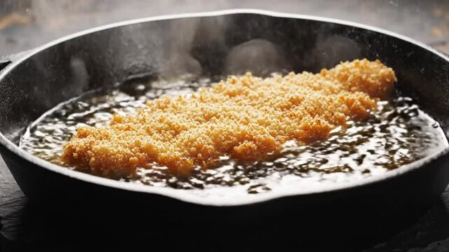 Crispy breaded cutlet being fried in hot oil inside a black cast iron skillet ready to be served