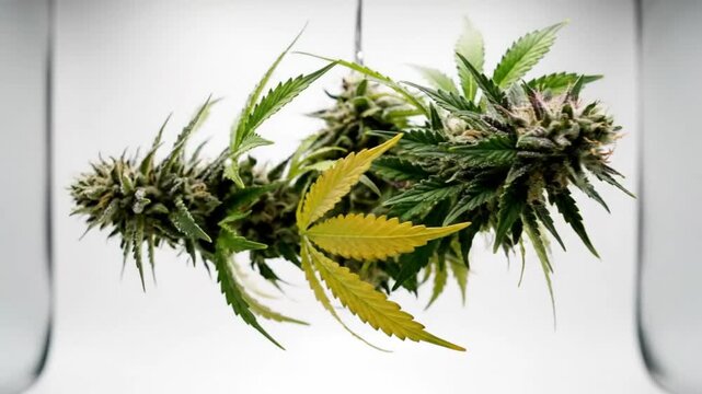 Close-up of freshly harvested cannabis bud and leaves hanging to dry against a white backdrop.