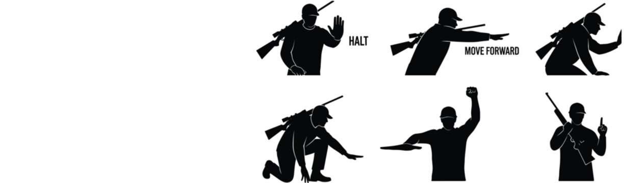 Vector Silhouette Collection of Hunters Performing Tactical Hand Signals Including Halt and Move Forward Commands for Outdoor Wilderness Scouting and Safety