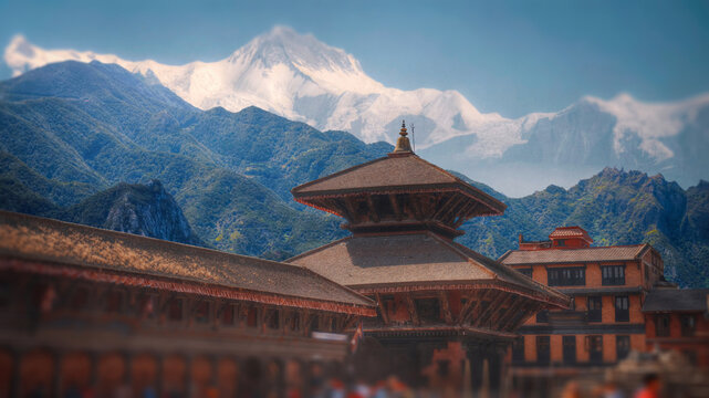 Ancient Kathmandu Durbar Square Temples with Snowy Himalayas Background with copy space
