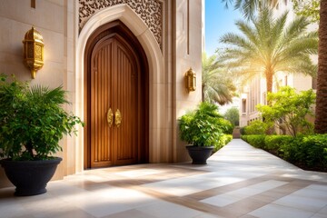 Fototapeta premium Traditional Arched Courtyard Gate with Carved Wooden Door Surrounded by Lush Greenery