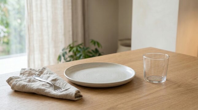 An empty white ceramic plate and a clear glass of water sit on a wooden dining table with a linen napkin. minimalist breakfast, clean dining, simple lifestyle.