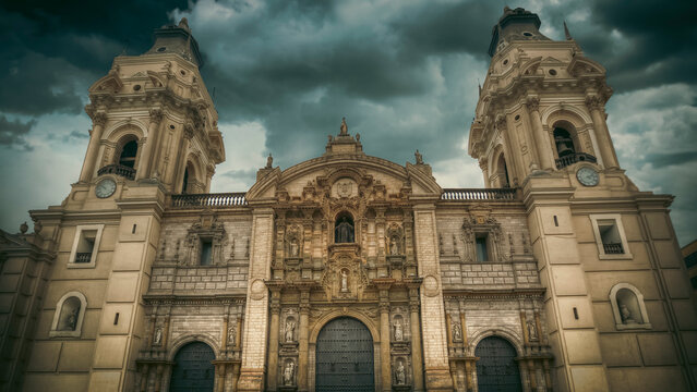 Historic Lima Cathedral Architecture with Dramatic Stormy Sky in Peru with copy space