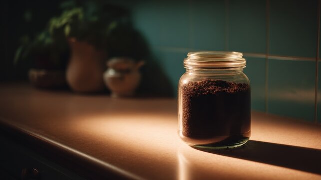 Glass jar with a metal lid on a wooden countertop. the jar is filled with a dark brown liquid, which appears to be coffee grounds.