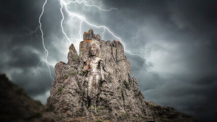 Obraz premium Unshakable Buddha Rock Carving with Lightning and Storm Clouds with copy space