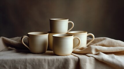 Fototapeta premium Four white ceramic mugs stacked on top of each other on a beige cloth. the mugs have a smooth texture and appear to be empty.