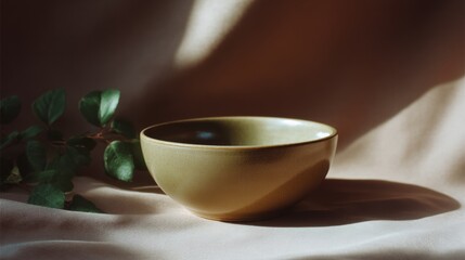 Fototapeta premium Close-up of a small bowl on a beige fabric. the bowl is light brown in color and has a smooth texture.
