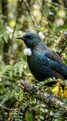 Obraz premium A tui bird perched on a branch in a native New Zealand forest looking sideways, woodland tranquility, avian portrait, birdwatching experience, natural habitat.