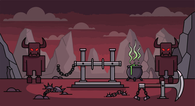 A stylized hellscape with horned figures, chains, a cauldron, and a scythe