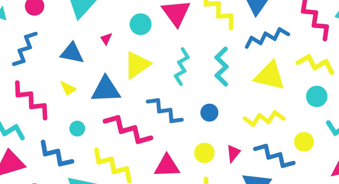 Vibrant memphis pattern with geometric shapes and colorful motifs