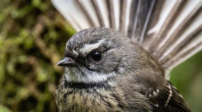 Close up portrait of a New Zealand fantail bird with its distinctive fan-shaped tail feathers, wildlife macro, nature detail, bird photography, avian beauty.