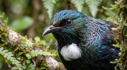 Obraz premium Macro portrait of a Tui bird showing its blue iridescent feathers and white neck tuft. Detailed wildlife, forest avian, exotic nature.