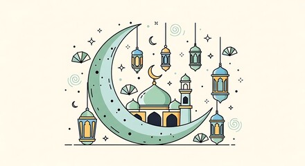 Obraz premium A serene illustration features a mosque nestled within a crescent moon. Lanterns and stars decorate the cream-colored background