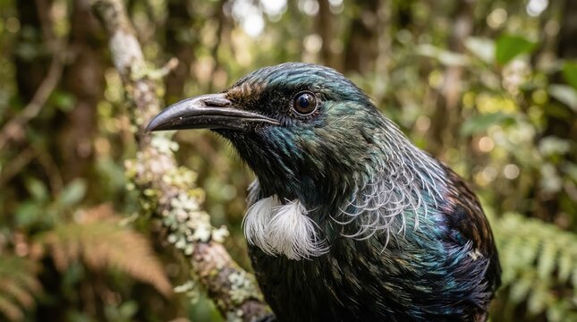 Detailed side view of a tui bird showing its unique white throat tuft and metallic plumage, forest bird, native wildlife, nature study, avian beauty.