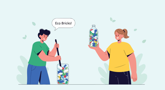 Two people are creating eco-bricks from compressed plastic waste within bottles for a sustainable future