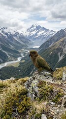 Kea parrot sitting on a rocky peak overlooking a vast snowy mountain valley, alpine scenic. Peaceful solitude, high altitude, mountain vista.