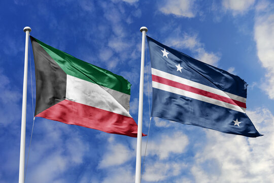 Kuwait and Baker howland and jarvis island flags waving in a clear blue sky, symbolizing a powerful diplomacy, a strategic partnership, and a shared vision of unity for a sustainable future.