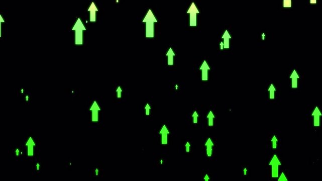 Abstract animation of numerous green upward-pointing arrows of varying sizes moving upwards, symbolizing growth, success, and progress. isolated on Transparent Background