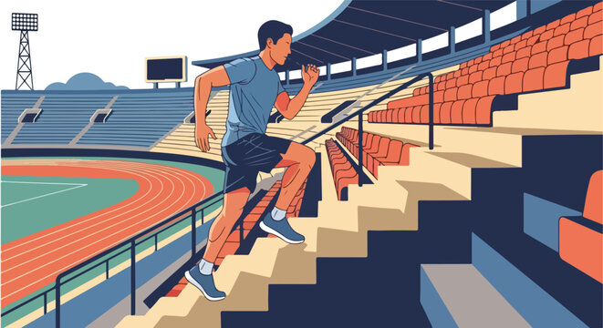 A man runs up stadium stairs next to a track and field area