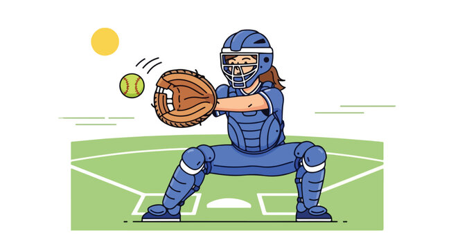 Cartoon baseball catcher in blue gear ready to catch a ball