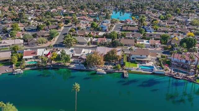 Aerial Hyperlapse of Luxury Lakefront Neighborhood in Mesa, Arizona