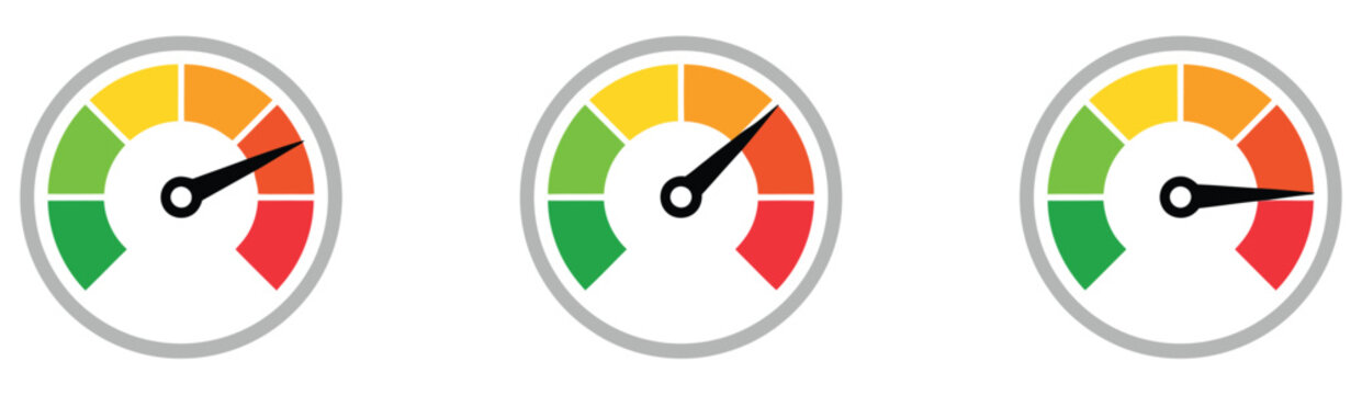 Low high medium priority icon set, poor or good progress scale measurement, pressure, power, or car fuel level indicators, vector illustration