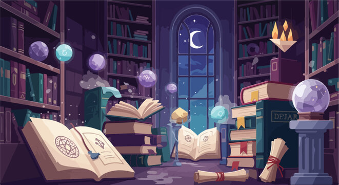 Magical library at night with glowing orbs and ancient tomes
