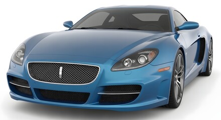 Fototapeta premium Metallic blue luxury sports car with sleek aerodynamic body and silver mesh front grille isolated on a clean white background studio shot