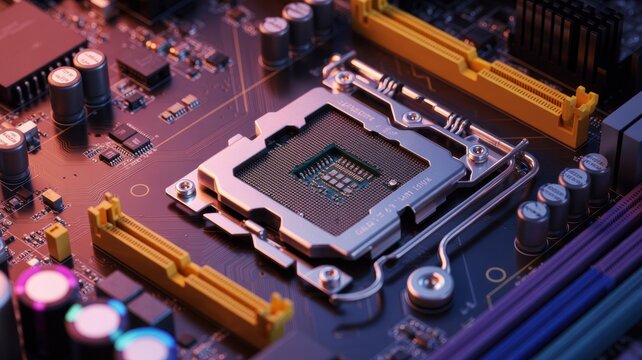 Central processing unit on a computer motherboard with various components