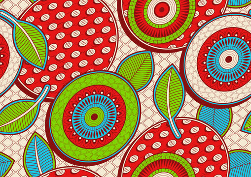 Seamless African fabric pattern featuring circular Ankara leaf motifs and abstract leaves with colorful lines and dots. Vibrant repeating textile design inspired by modern African fashion and cultural
