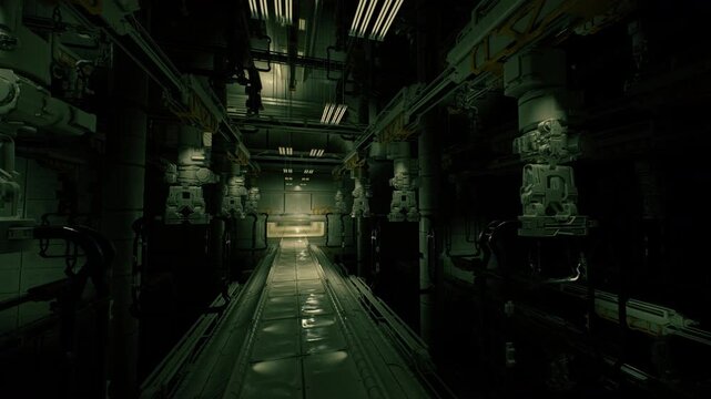 silent shutdown corridor with idle machinery and scattered equipment, dim green emergency lights create foreboding mood, slick reflective floor and dense piping