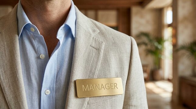 Close-up of a man wearing a light beige blazer and blue shirt with a manager name tag
