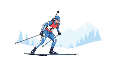 Fototapeta premium A cartoon biathlete in blue and red skis through a snowy landscape