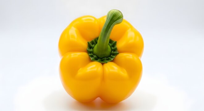 Single vibrant yellow bell pepper with a green stem isolated on a clean white background showing smooth skin texture and rounded lobes