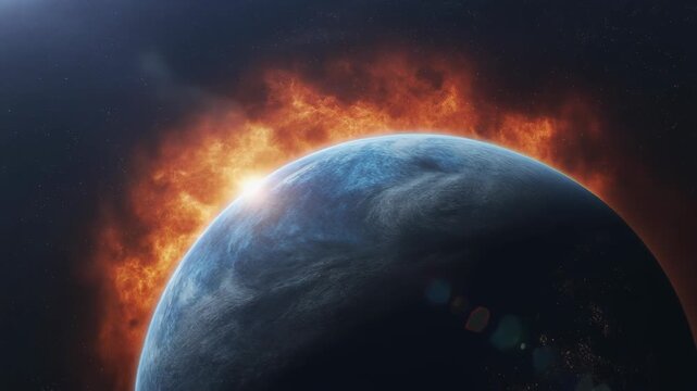 Dramatic Fiery Solar Eclipse Over Planet Earth in Deep Space.
