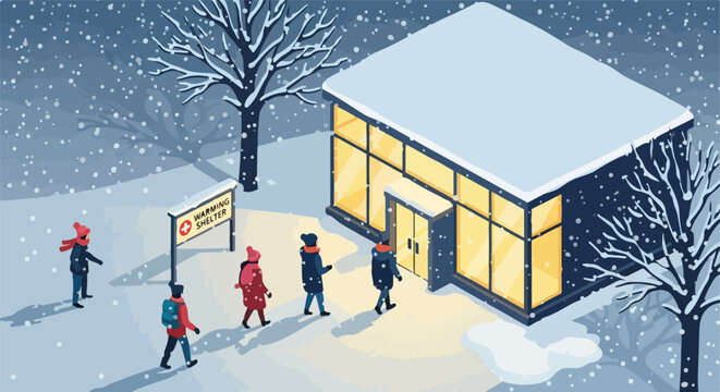 People seek refuge in a brightly lit building during a snowy winter day