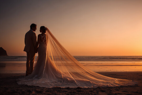 Romantic bride and groom posing for a photo portrait at sunset on a beach, wedding dress with a long veil, classic wedding photography