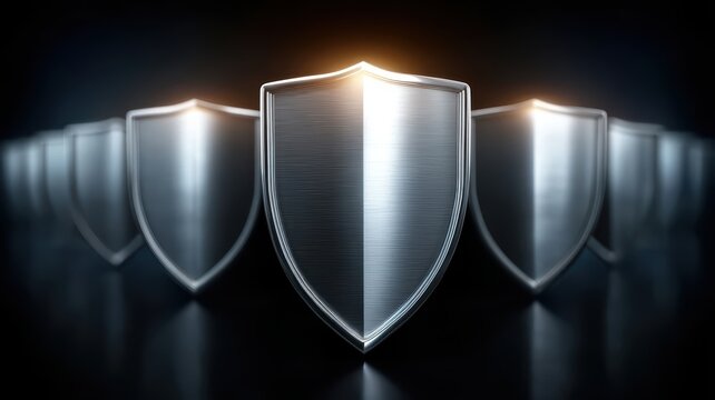 Shiny shields on dark background three polished shields displayed prominently against a deep dark backdrop emphasizing their gleam