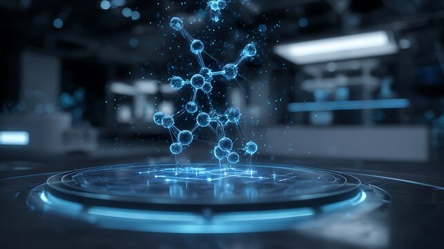 Advanced biotech concept showing glowing molecular mapping data suspended above a digital laboratory platform in a sleek blue futuristic environment.