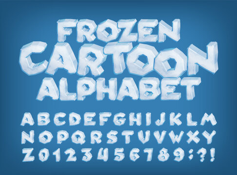 Frozen cartoon alphabet with 3D ice letters and numbers. Cool vector typeface for bold typography designs.