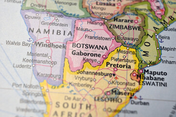 Naklejka premium Gaborone Botswana Close Up Bokeh World Map Macro Defocused Geographic Image