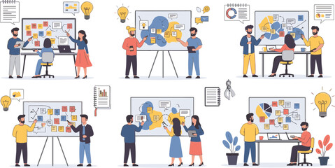 Fototapeta premium Business Team Brainstorming and Project Planning Vector Set with Office Collaboration, Strategy Boards and Workflow Discussion Scenes