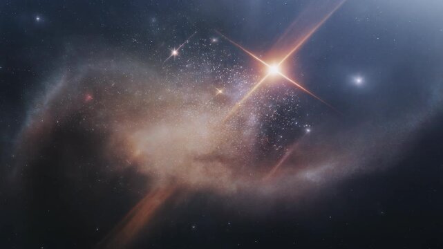 Journey Through a Cosmic Nebula to a Bright Distant Star.