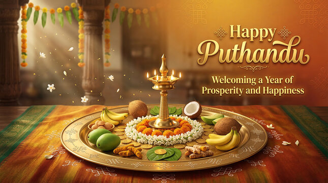 Traditional puthandu celebration with decorated plate of fruits and flowers on wooden table