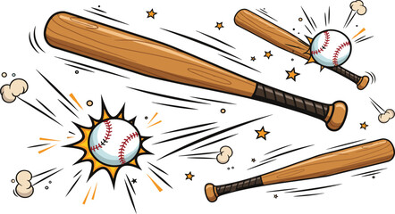 Baseball bat hitting ball vector illustration with dynamic motion lines, impact effects and sports action elements in bold cartoon style for athletic design © Aminul