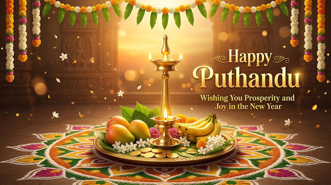 Happy puthandu festival celebration with traditional decorations and wishes for prosperity in new year